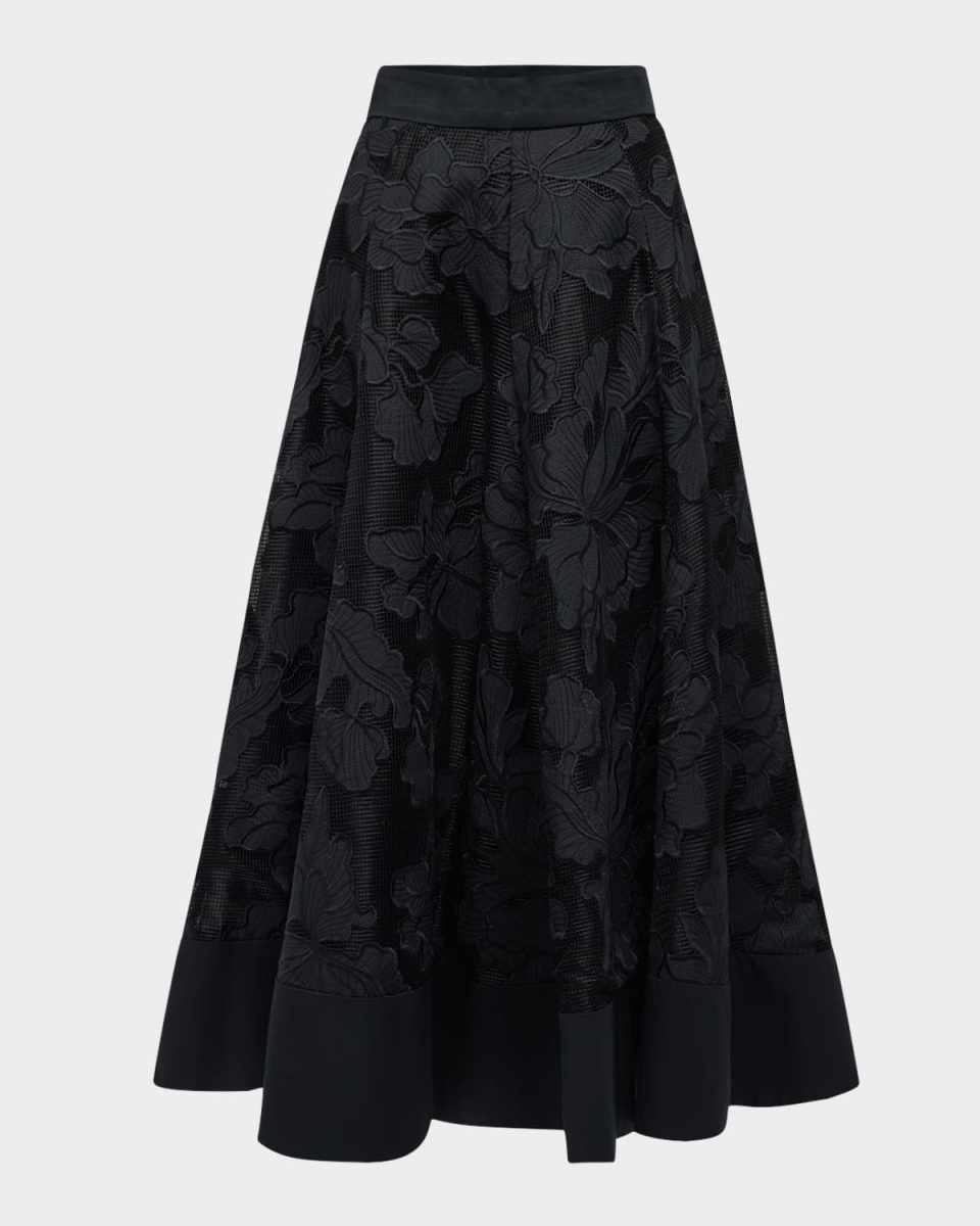 Floral Embroidered Midi Full Skirt